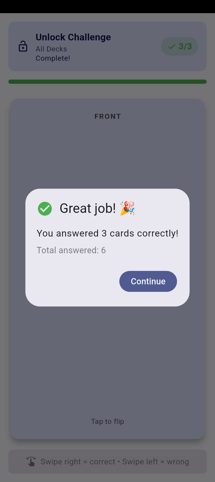Great Job notification, when flash cards are answered correctly