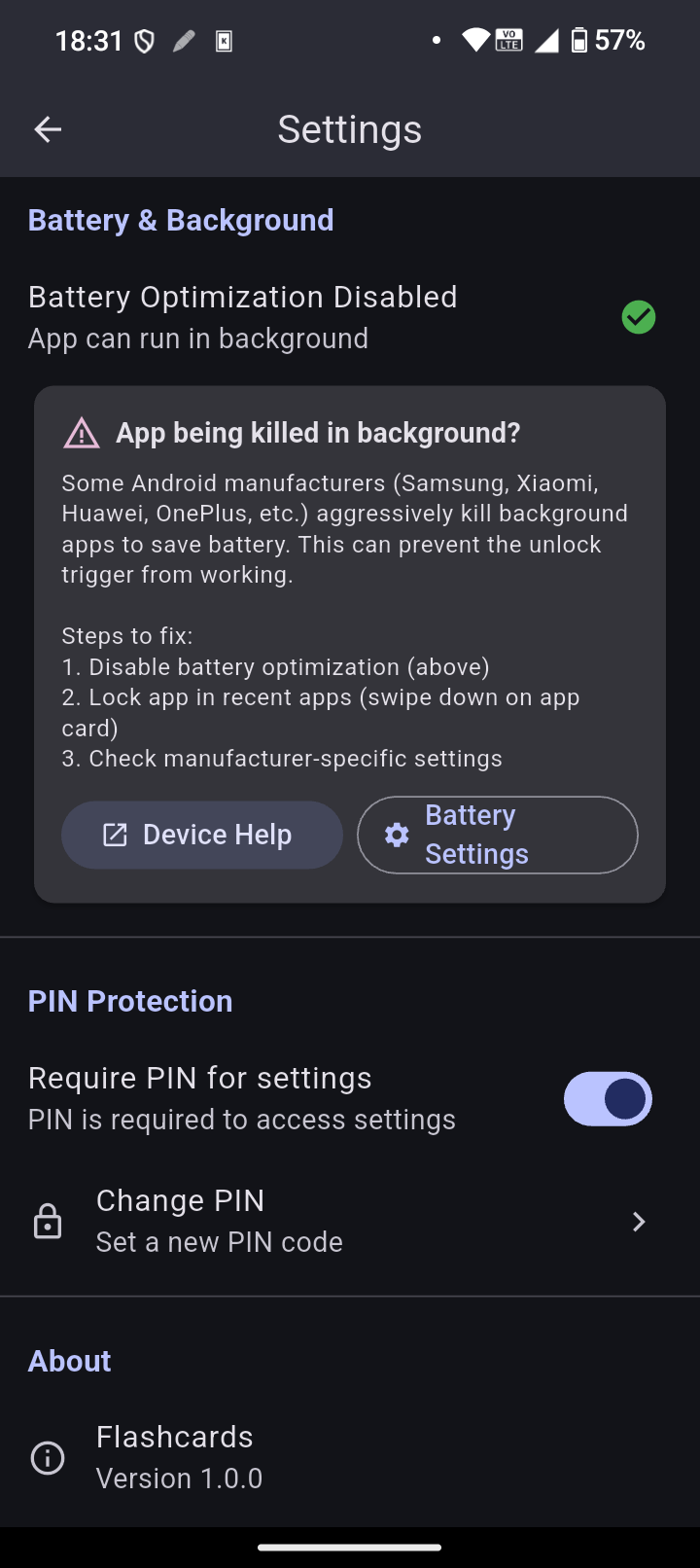 Settings screen